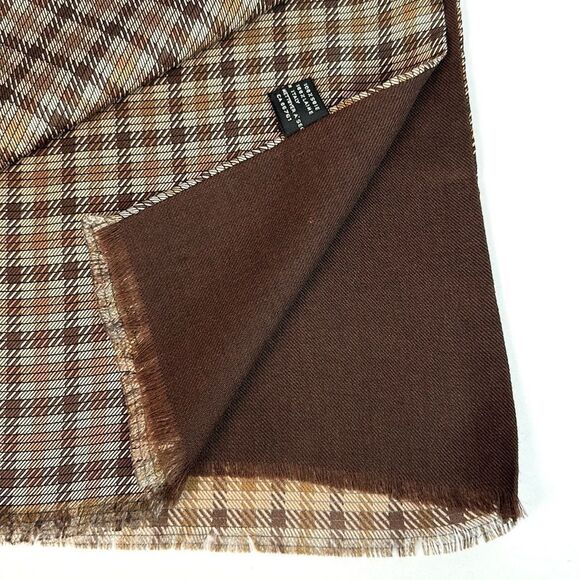 V. Fraas Men's Doubled Scarf Tan Beige Plaid Silk Brown Wool Lining Italy made - Picture 3 of 9